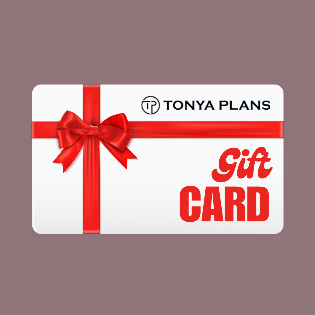 Gift card with red ribbon and bow, featuring 'TONYA PLANS' on a brown background