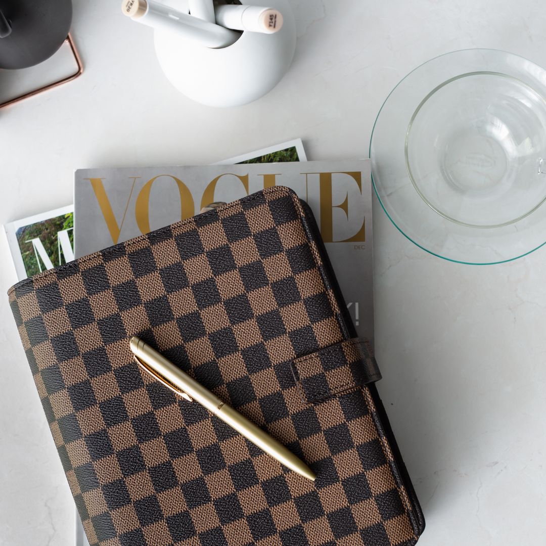 PLANNER COVER, CHECKERED BROWN, VEGAN LEATHER