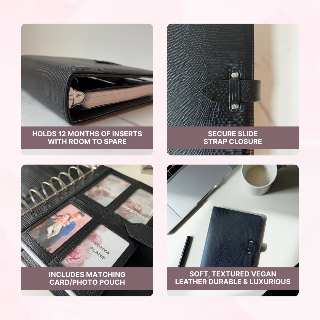 Collage of a planner with features highlighted on a white background