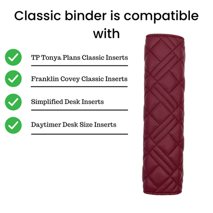 Maroon planner cover with compatibility list for various planner insert brands on a white background