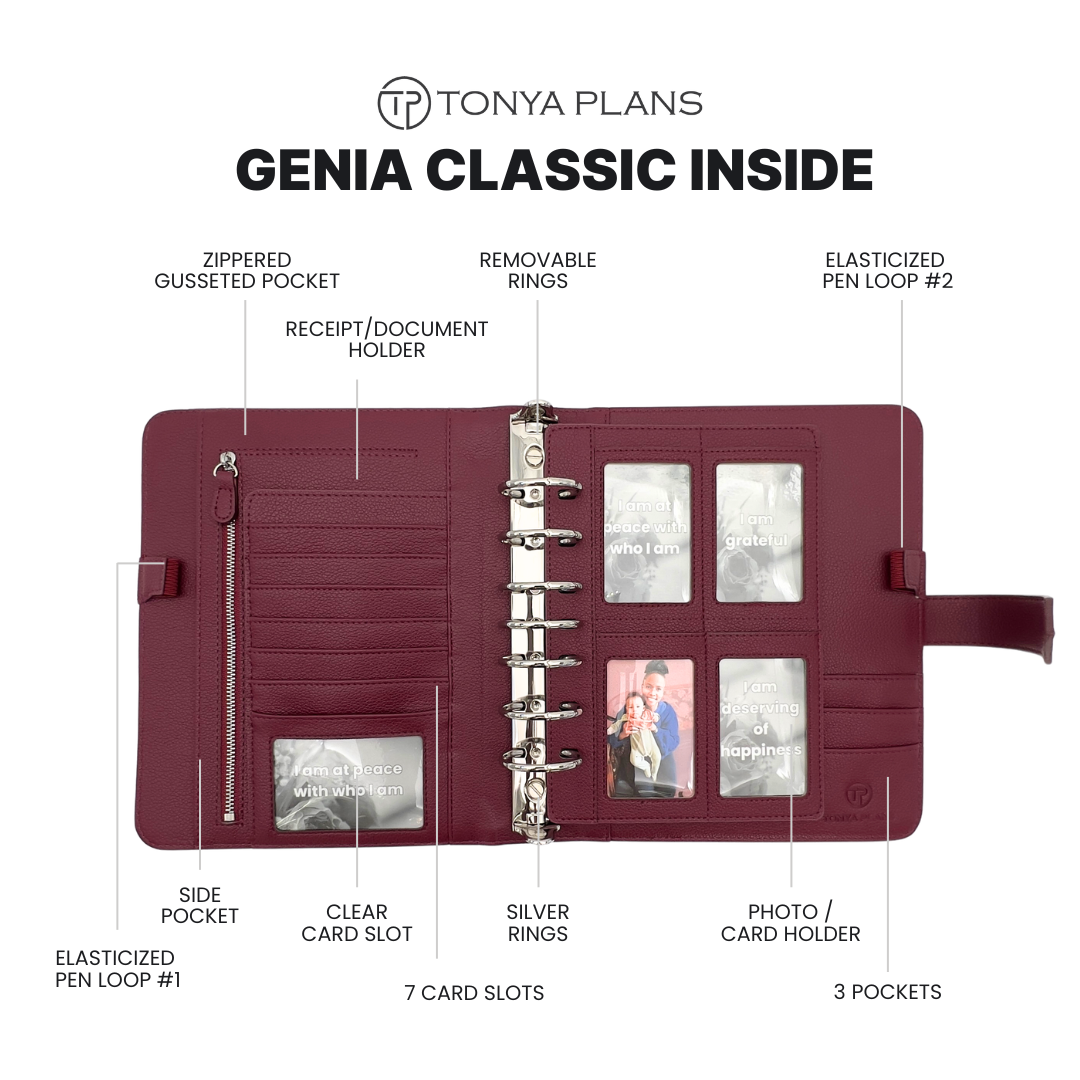 Maroon planner with features labeled on a white background, featuring the brand 'Tonya Plans'.