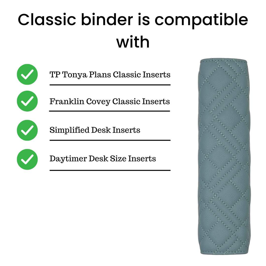 Blue organizer with text indicating compatibility with various planner insert systems on a white background