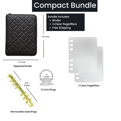 Compact bundle with zipped binder, clear pagelifters, and gold rings on a white background.