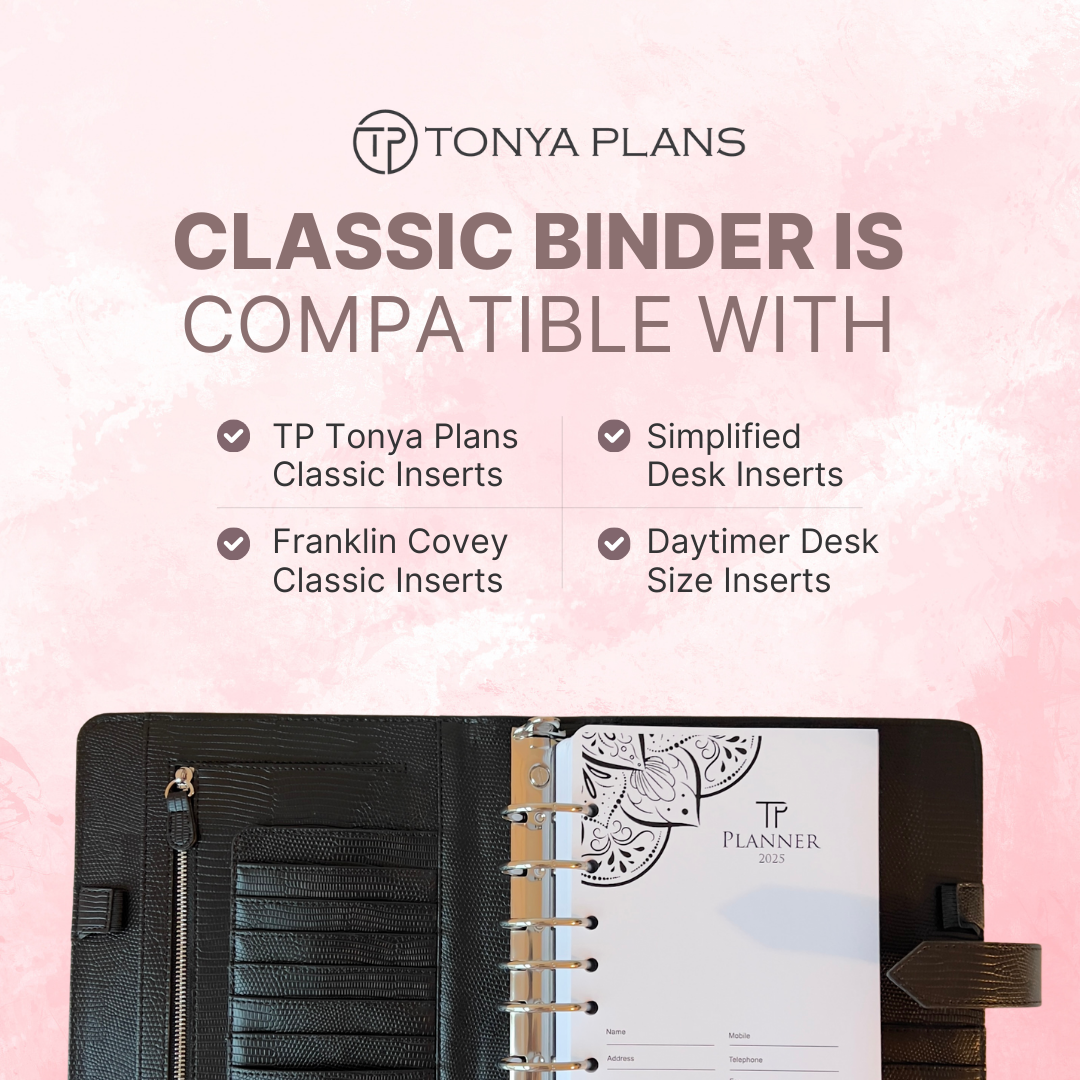 Black planner with open pages on a pink background, featuring Tonya Plans branding.