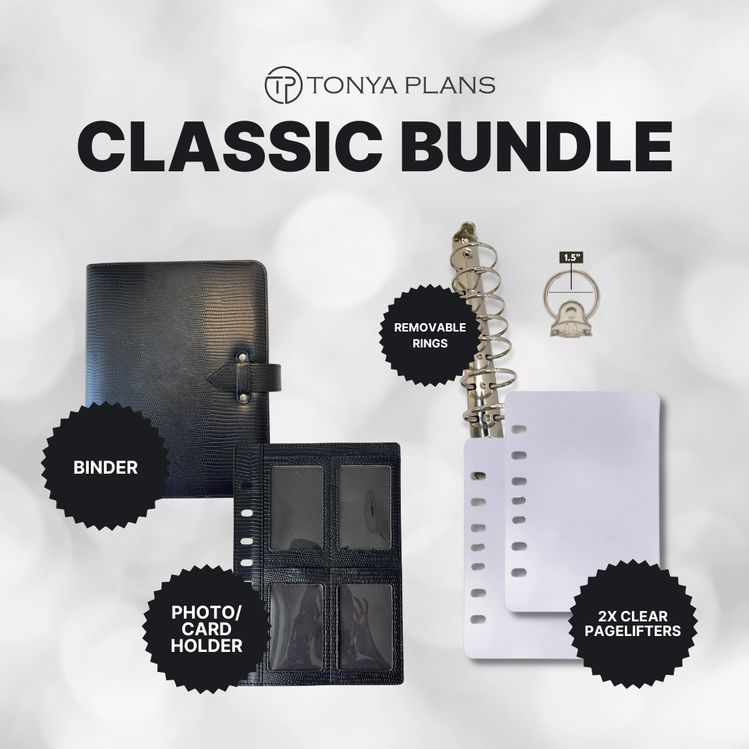 Tonya Plans Classic Bundle with binder, photo/card holder, and clear pagelifters on a white background