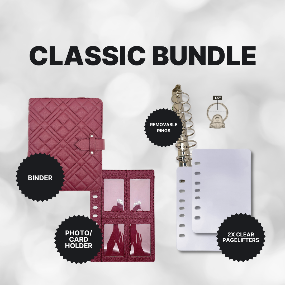 Product bundle with a binder, photo/card holder, and clear pagelifters on a white background.