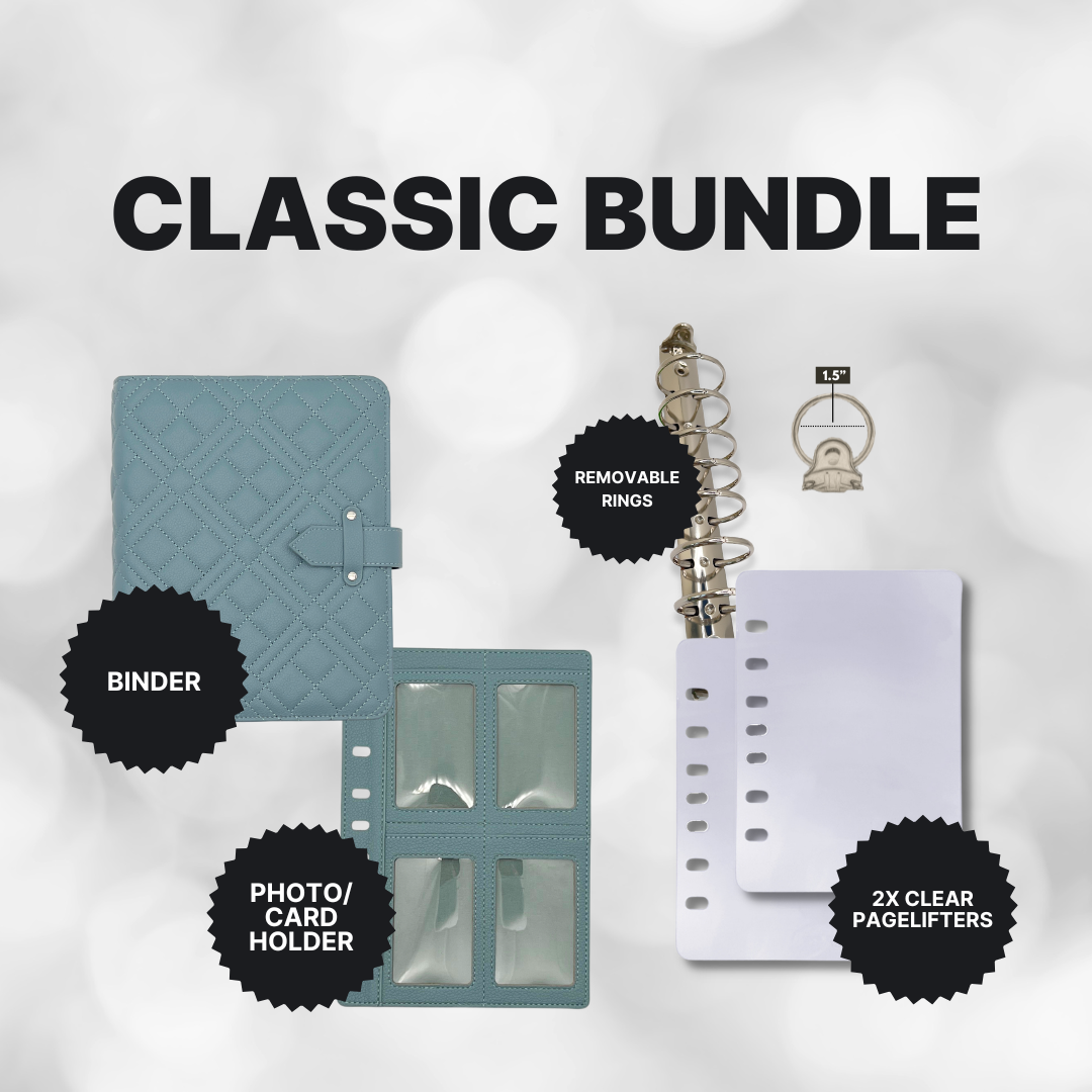 Product bundle with a binder, photo/card holder, and clear pagelifters on a white background.