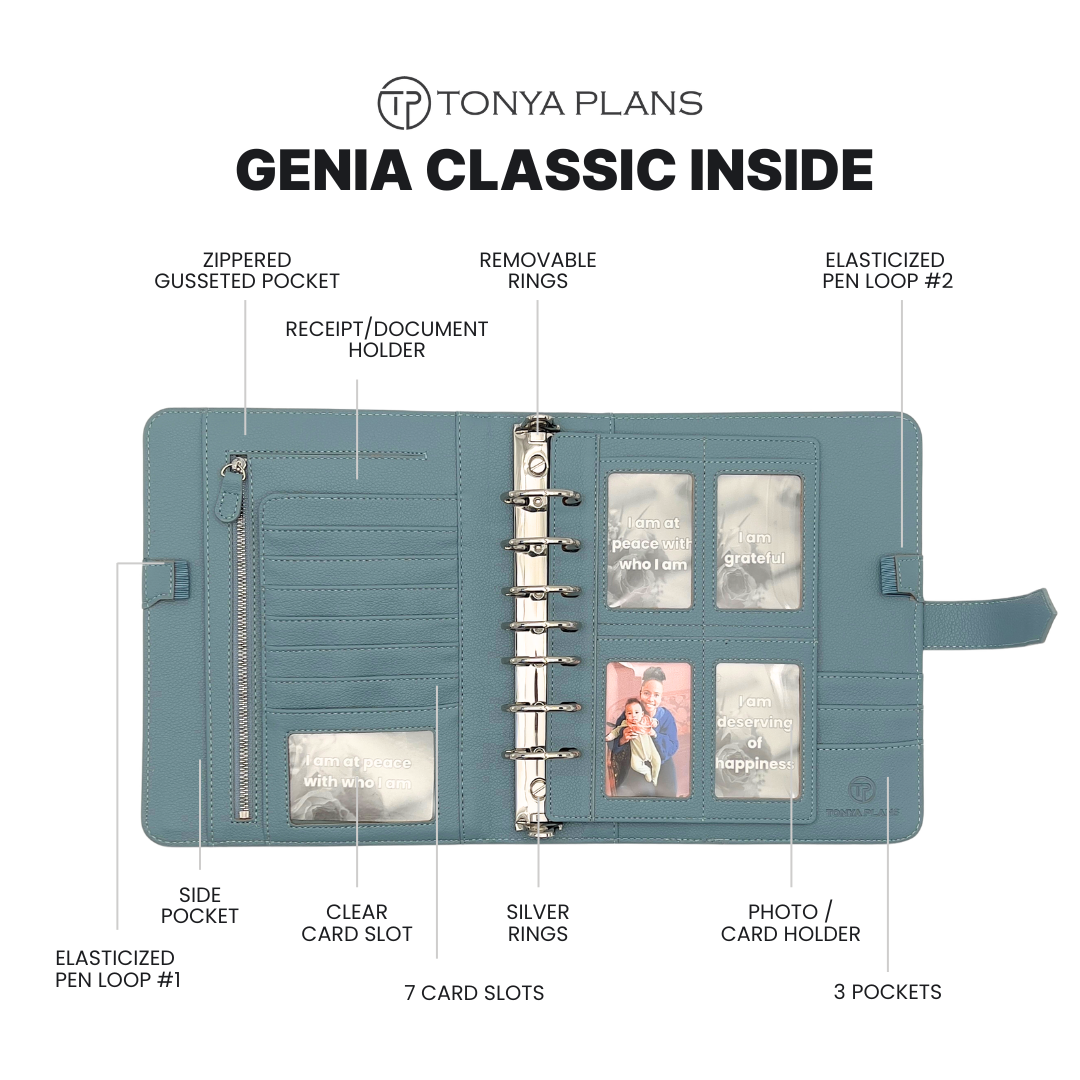 Blue planner with features labeled on a white background