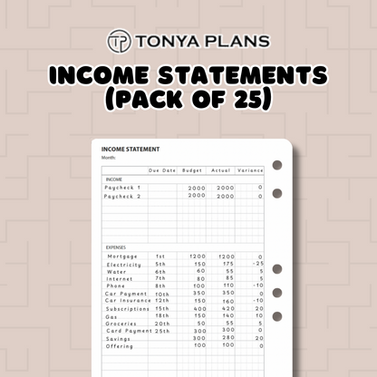 Income statement form with 'TONYA PLANS' branding on a textured beige background